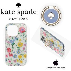 KATE SPADE Floral Bouquet Gold Logo Enamel Ring Stand Grip Phone 14 PRO MAX Case